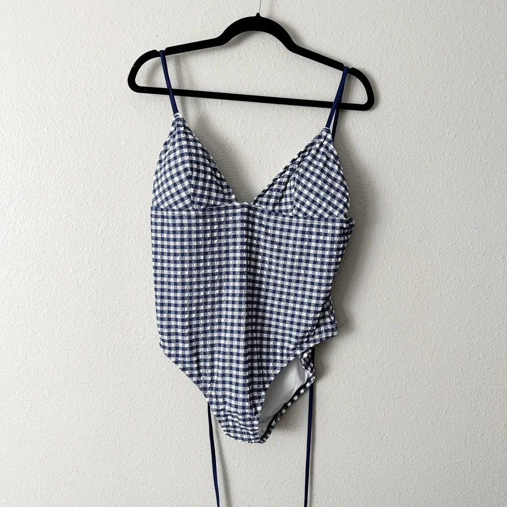 J. Crew Strappy Gingham‎ Navy One Piece Swimsuit Women's Size 12 NEW retro style - Picture 2 of 8